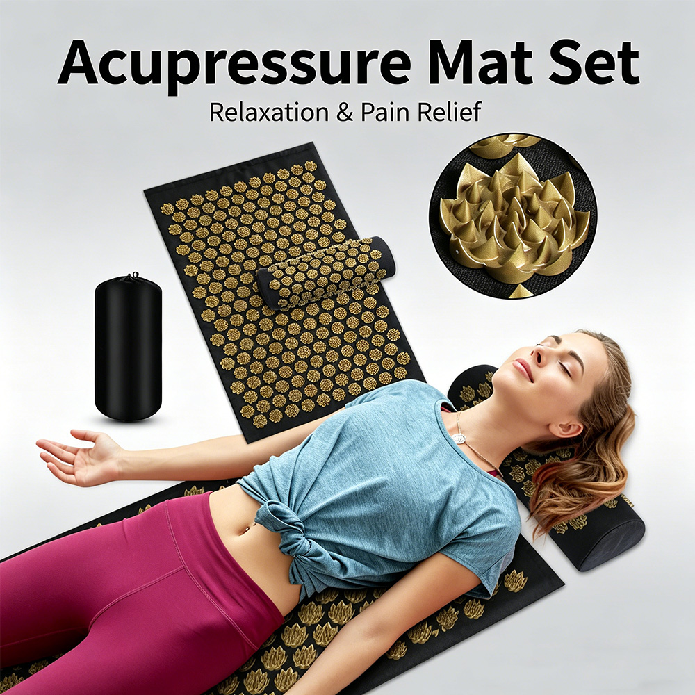 Acupressure Mat Set - クズネツォフのアプリケーター指圧マット枕セット、ロータススパイクヨガマッサージクッション（背中・首の痛み緩和用）、フットマッサージパッド