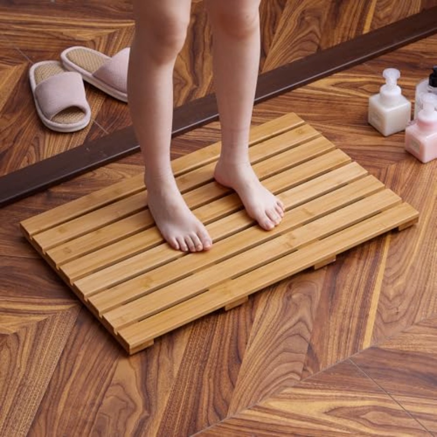 Bamboo Bath Mat - 竹製バスマット、滑り止めゴム付き、浴槽マット、フロアマット、屋内、屋外、スパ、サウナ、プール用シャワーマット、25.5インチ