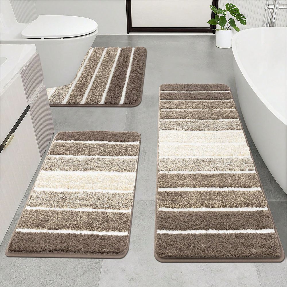 Bamboo Bath Mat - 3ピースバスルームラグマットセット、マイクロファイバーシャギーバスマットセット、滑り止め超ソフトバスラグ、吸水性バスルームマットセット（USHA付き）