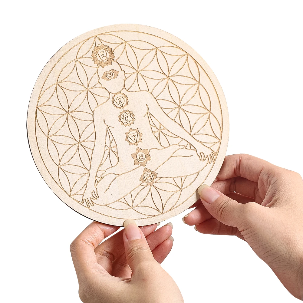 Acupressure Mat Set - 7チャクラ瞑想ウッドコースター、ラウンド瞑想マット、ウィッカ占い小道具、生命の蓮の花、パタンジャリヨガエネルギー、15cm