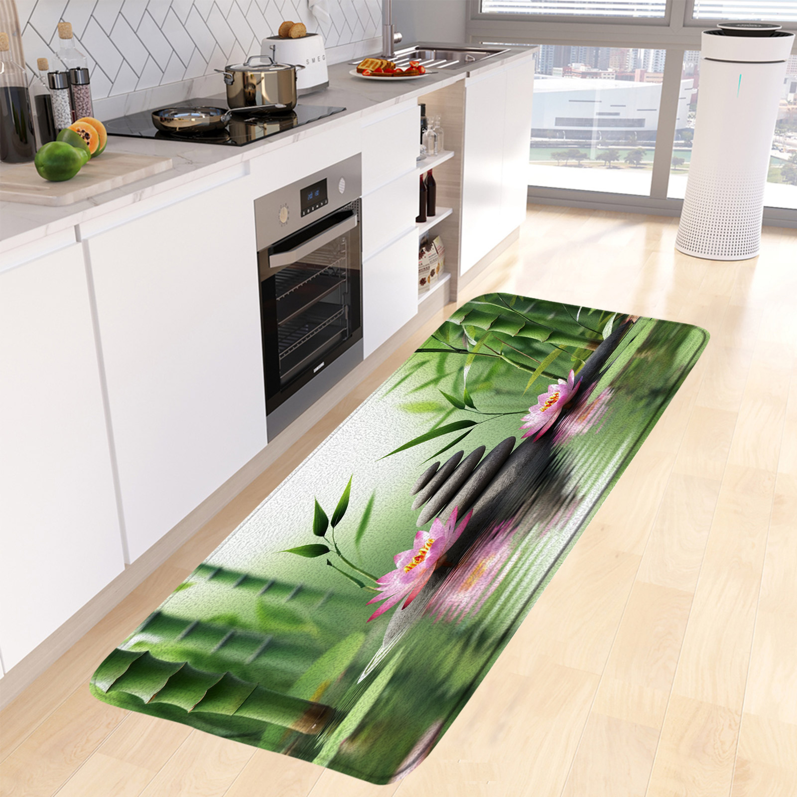 Zen zenグリーンの竹製バスマット,ピンクの蘭,黒い石の - Bamboo Bath Mat のレビューと価格