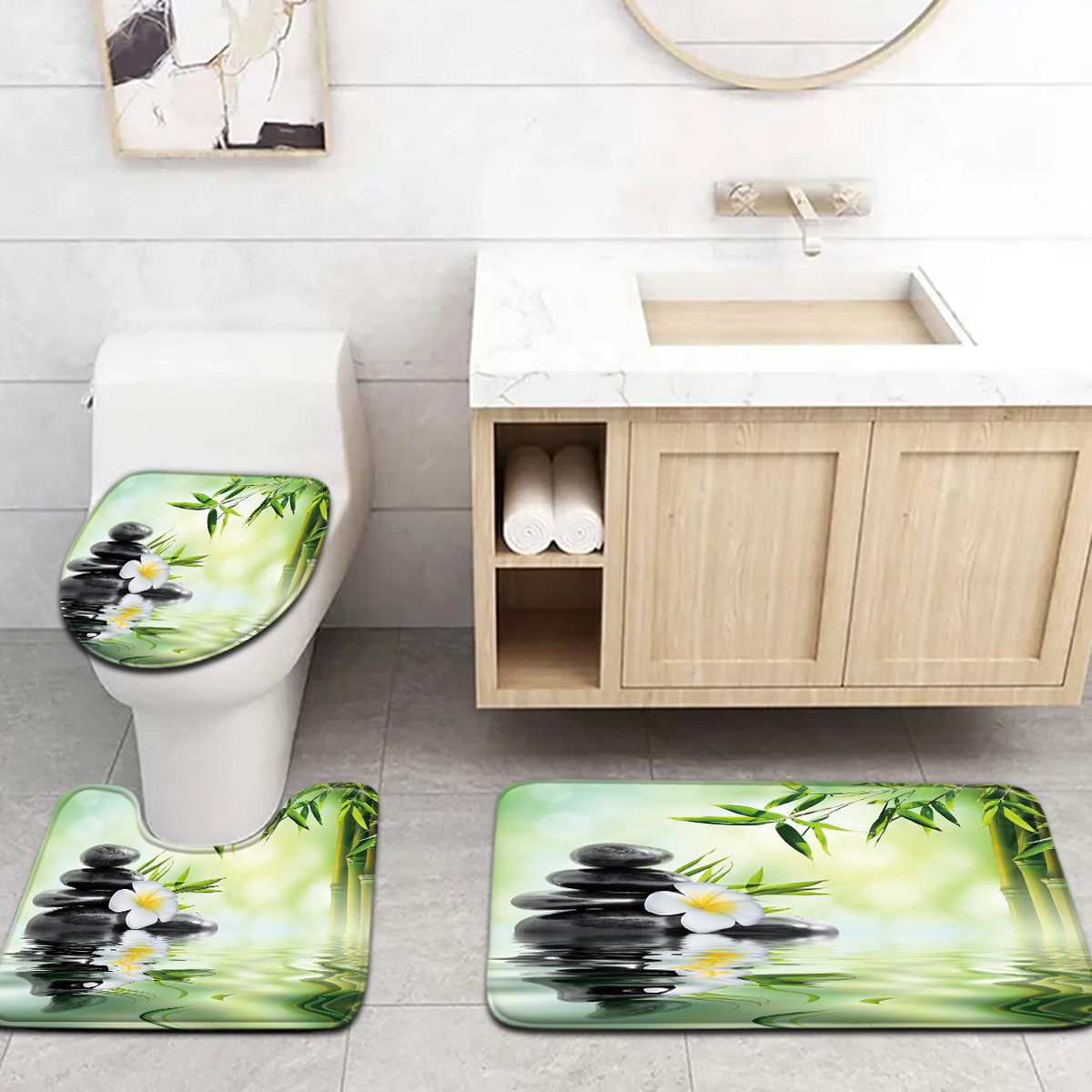 中国の竹の水の特徴の便座とバスマットの3点セット - フラン - Bamboo Bath Mat のレビューと価格