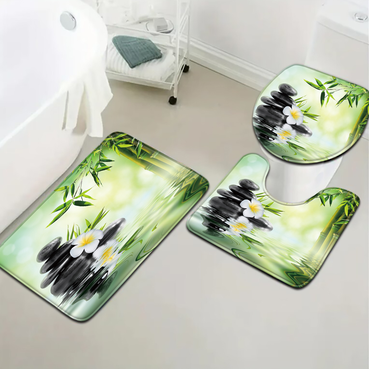 中国の竹の水の特徴の便座とバスマットの3点セット - フラン - Bamboo Bath Mat のレビューと価格