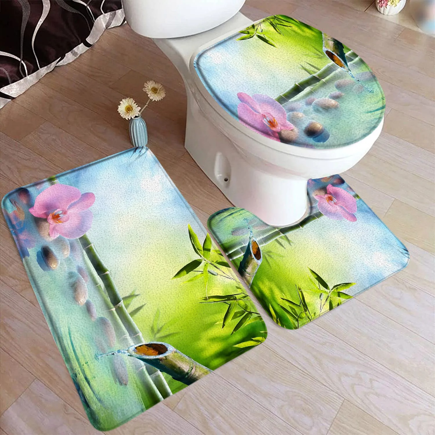 禅緑竹バスマットセット紫蘭の花植物ヴィンテージ仏陀ホームカー - Bamboo Bath Mat のレビューと価格