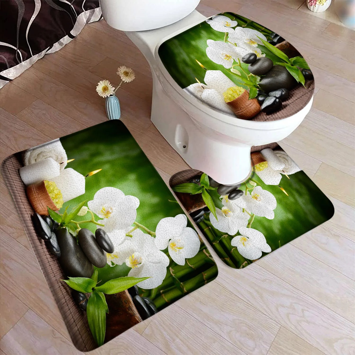 禅緑竹バスマットセット紫蘭の花植物ヴィンテージ仏陀ホームカー - Bamboo Bath Mat のレビューと価格